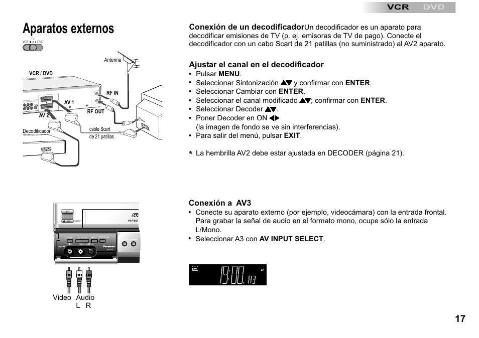 Aparatos externos, Conexión a av3, Conexión de un decodificador | Ajustar el canal en el decodificador | Panasonic NVVP30 User Manual | Page 17 / 48