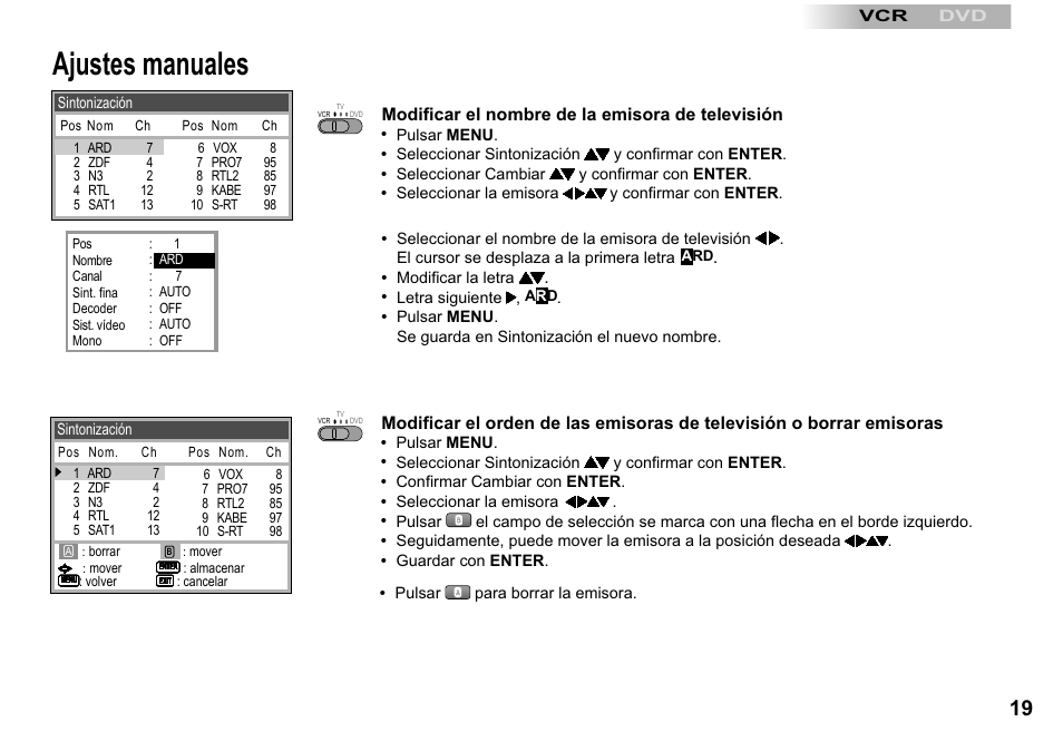 Ajustes manuales, Modificar el nombre de la emisora de televisión | Panasonic NVVP30 User Manual | Page 19 / 48