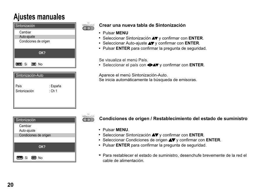 Ajustes manuales, Crear una nueva tabla de sintonización | Panasonic NVVP30 User Manual | Page 20 / 48