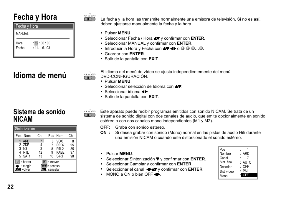 Fecha y hora, Idioma de menú, Sistema de sonido nicam | Panasonic NVVP30 User Manual | Page 22 / 48
