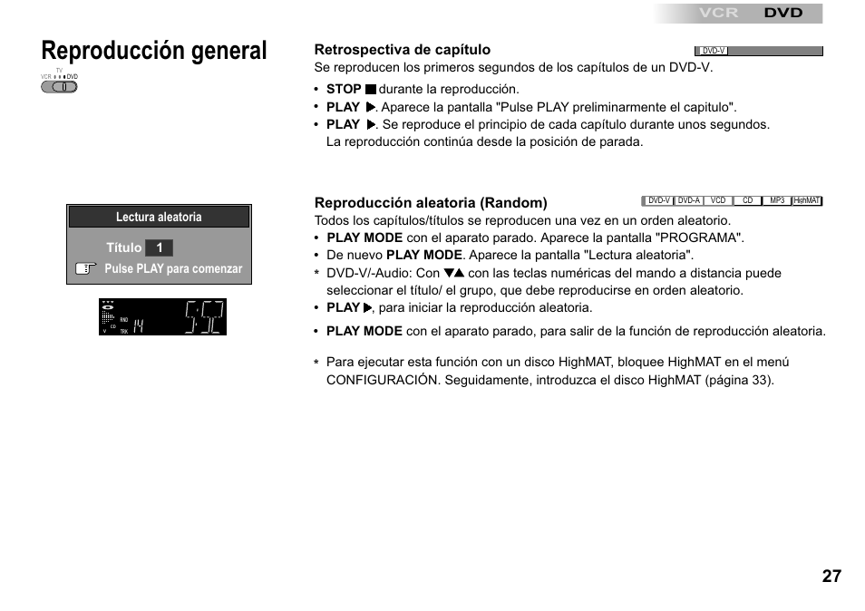 Reproducción general, Reproducción aleatoria (random), Retrospectiva de capítulo | Panasonic NVVP30 User Manual | Page 27 / 48