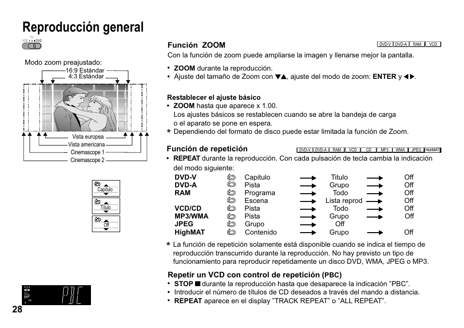 Reproducción general, Función de repetición, Repetir un vcd con control de repetición | Función zoom | Panasonic NVVP30 User Manual | Page 28 / 48