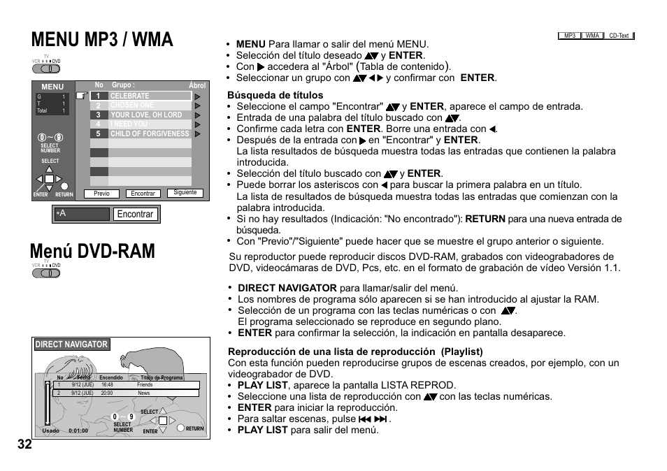 Menu mp3 / wma menú dvd-ram | Panasonic NVVP30 User Manual | Page 32 / 48
