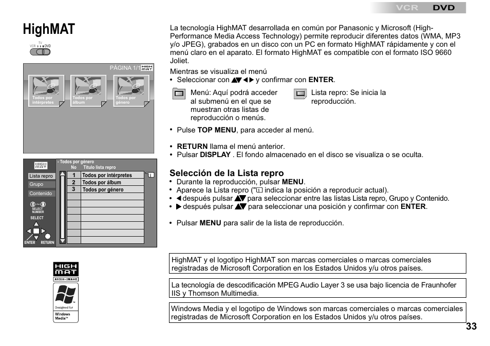 Highmat, Selección de la lista repro | Panasonic NVVP30 User Manual | Page 33 / 48