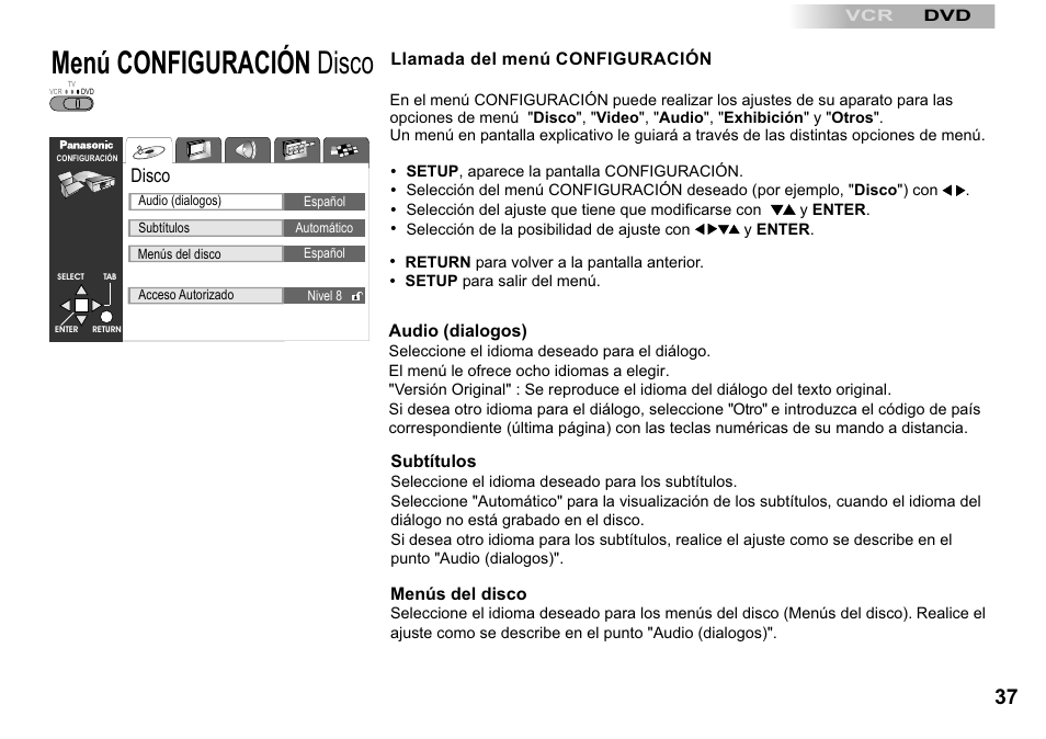 Menú disco configuración, Disco | Panasonic NVVP30 User Manual | Page 37 / 48