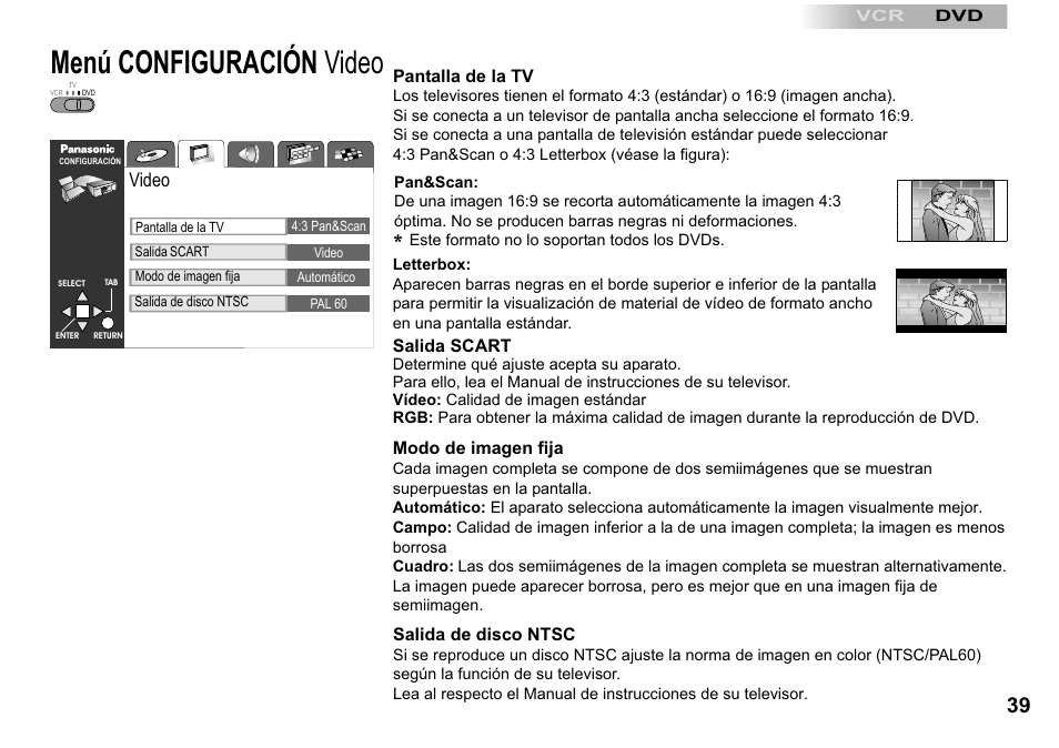 Menú configuración video, Video | Panasonic NVVP30 User Manual | Page 39 / 48