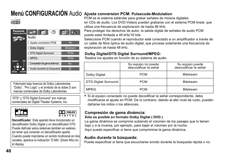 Menú configuración audio | Panasonic NVVP30 User Manual | Page 40 / 48