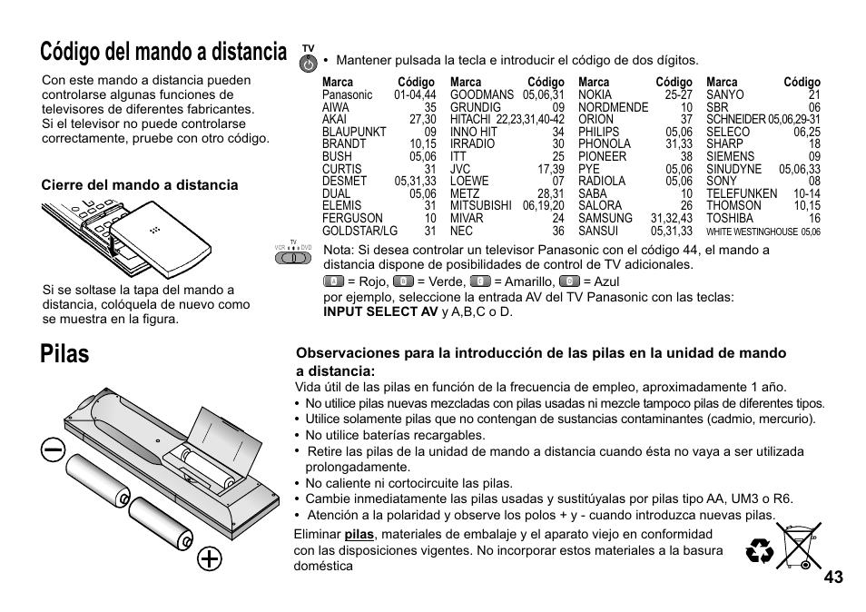 Código del mando a distancia, Pilas | Panasonic NVVP30 User Manual | Page 43 / 48