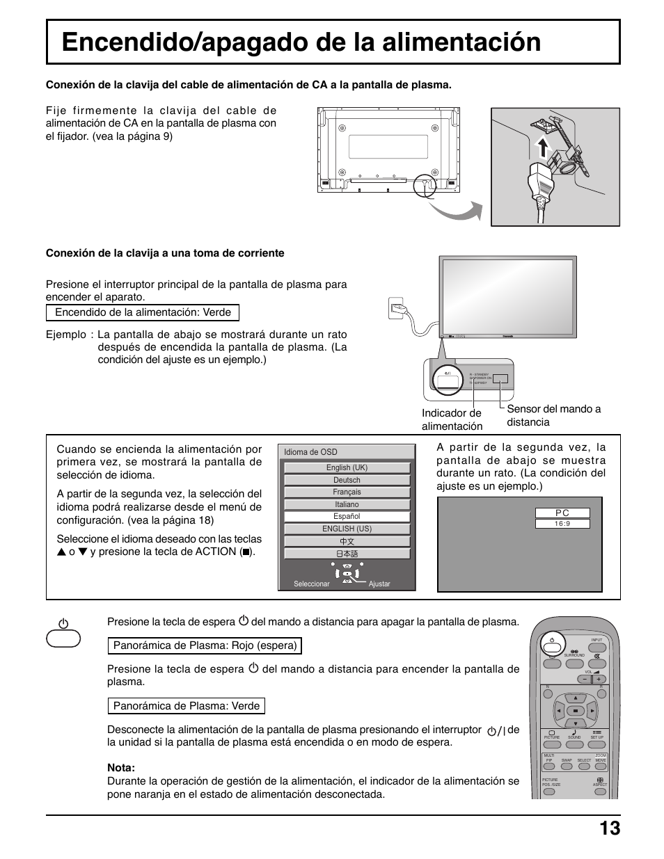 Encendido/apagado de la alimentación | Panasonic TH42PWD7UY User Manual | Page 13 / 44
