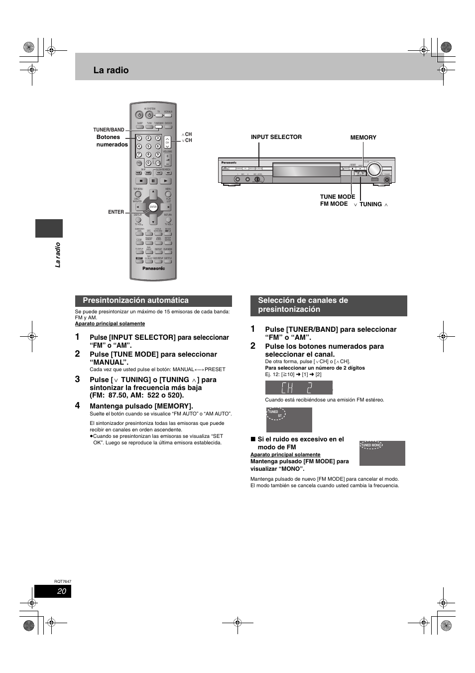 La radio, Pulse [input selector] para seleccionar “fm” o “am, Pulse [tune mode] para seleccionar “manual | Pulse [tuner/band] para seleccionar “fm” o “am, Si el ruido es excesivo en el modo de fm, La r a dio, Mantenga pulsado [fm mode] para visualizar “mono | Panasonic SCHT520 User Manual | Page 20 / 32