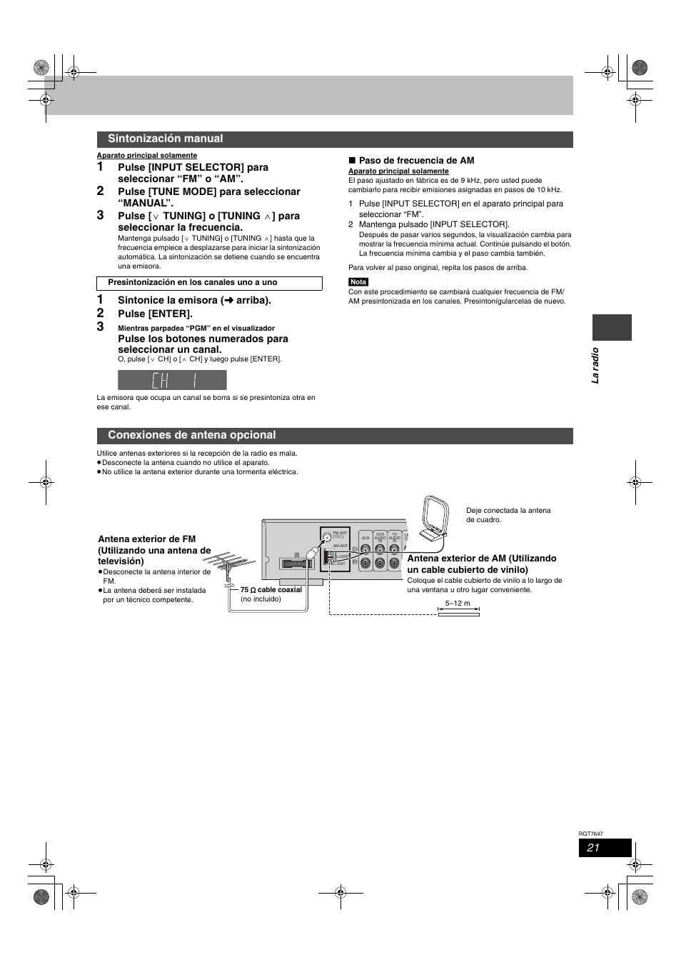 Sintonización manual, Conexiones de antena opcional, Pulse [input selector] para seleccionar “fm” o “am | Pulse [tune mode] para seleccionar “manual, Sintonice la emisora ( ➜ arriba), Pulse [enter, Paso de frecuencia de am, La r a dio | Panasonic SCHT520 User Manual | Page 21 / 32