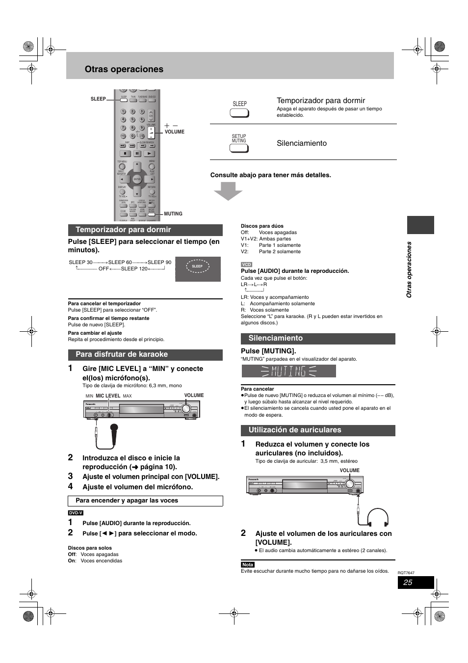 Otras operaciones, Temporizador para dormir, Silenciamiento | Temporizador para dormir para disfrutar de karaoke, Silenciamiento utilización de auriculares, Ajuste el volumen principal con [volume, Ajuste el volumen del micrófono, Pulse [muting, Ajuste el volumen de los auriculares con [volume, Progressive sfc subwoofer level input selector | Panasonic SCHT520 User Manual | Page 25 / 32