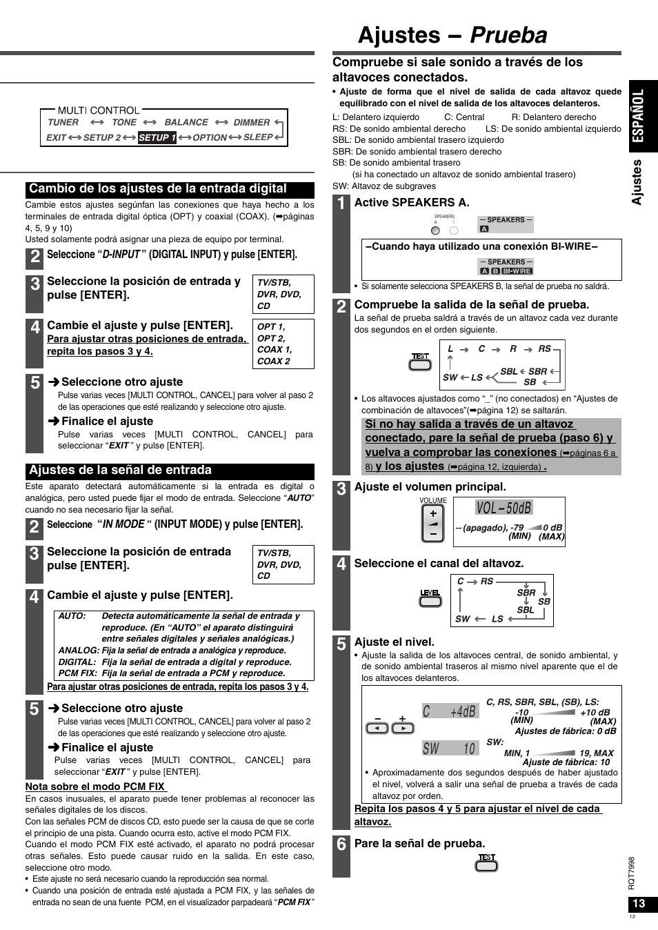 Ajustes - prueba, Vol- 50db, Sw 10 c +4db | Es pañol | Panasonic SAXR55 User Manual | Page 13 / 84
