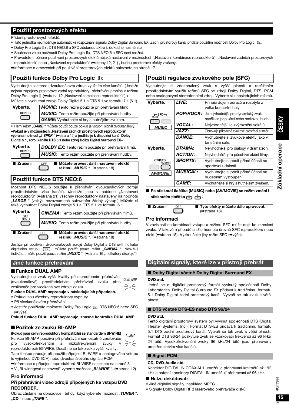 Čes k y, Použití funkce dts neo:6, Použití regulace zvukového pole (sfc) | Panasonic SAXR55 User Manual | Page 71 / 84