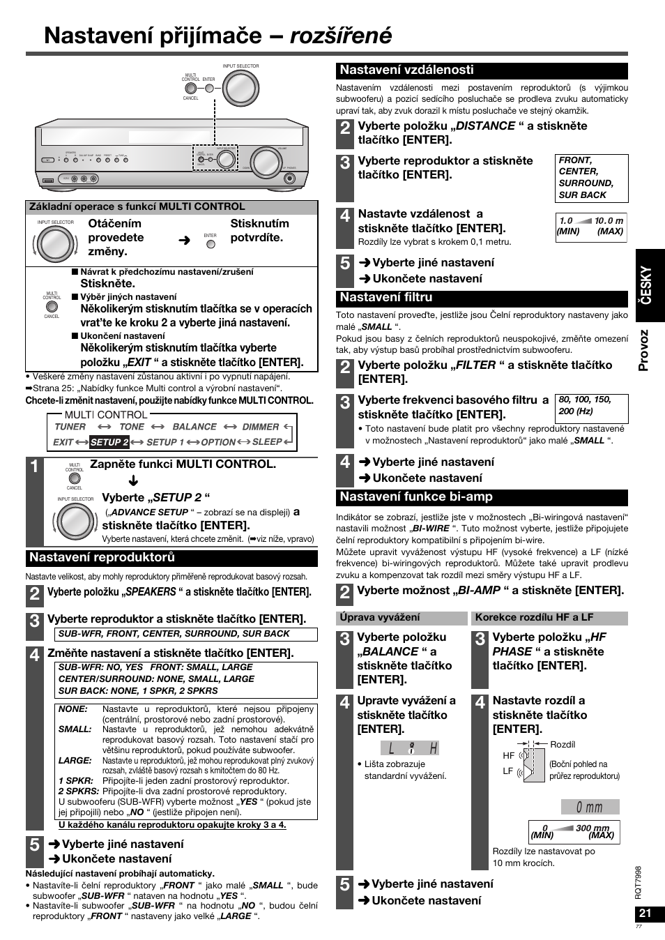 Nastavení přijímače - rozšířené, L h 0 mm, Čes k y | Prov oz, Nastavení reproduktorů, Nastavení vzdálenosti, Nastavení filtru, Nastavení funkce bi-amp | Panasonic SAXR55 User Manual | Page 77 / 84