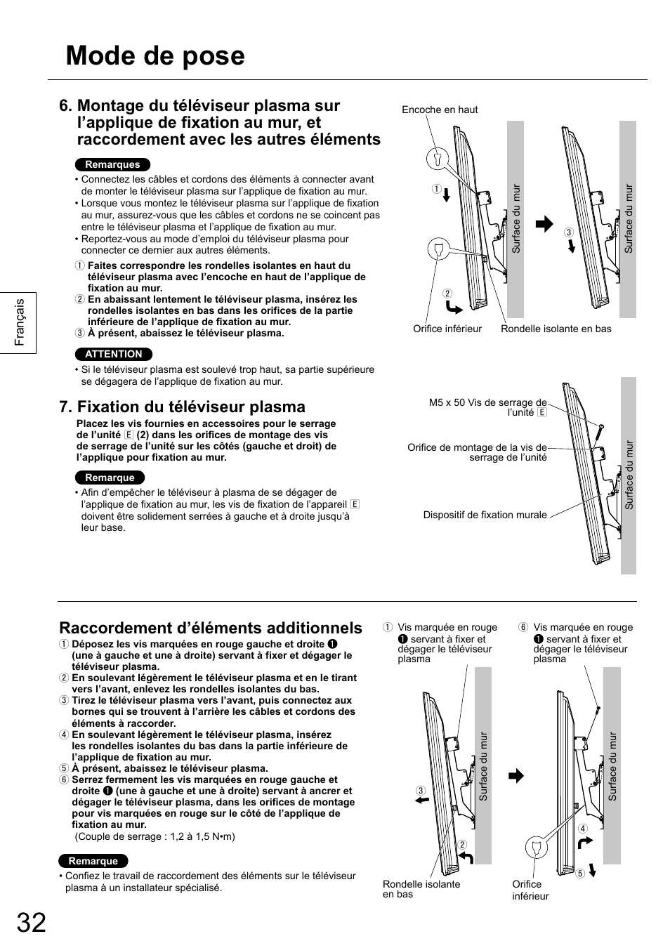 Mode de pose, Fixation du téléviseur plasma, Raccordement d’éléments additionnels | Panasonic TYWK6P1RW User Manual | Page 32 / 90
