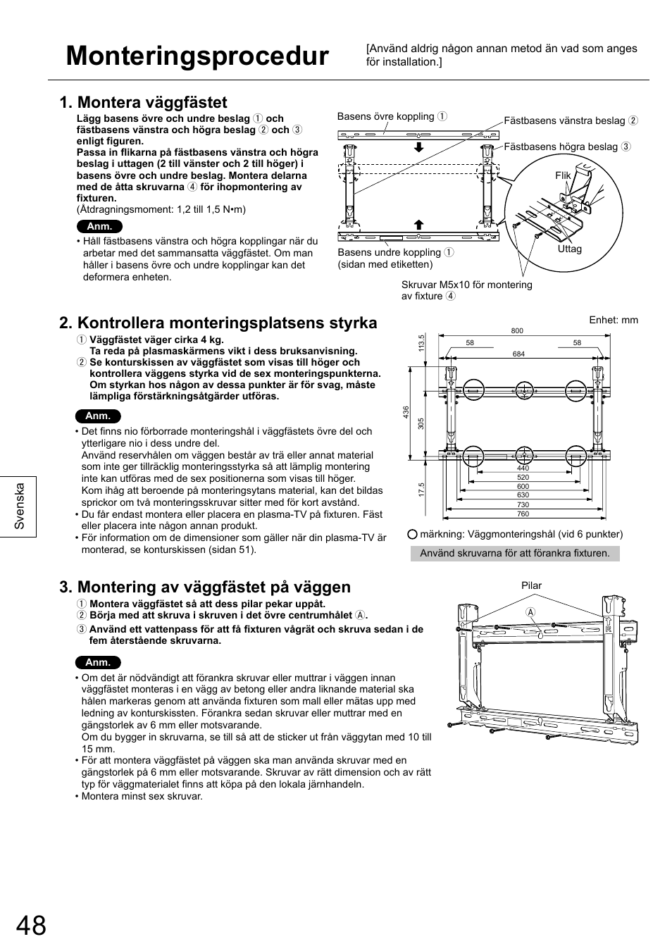 Monteringsprocedur, Montera väggfästet, Kontrollera monteringsplatsens styrka | Montering av väggfästet på väggen | Panasonic TYWK6P1RW User Manual | Page 48 / 90