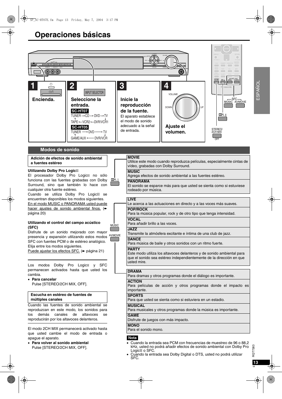 Operaciones básicas, Modos de sonido, Ajuste el volumen | Español, Input selector | Panasonic SCHT05 User Manual | Page 13 / 28