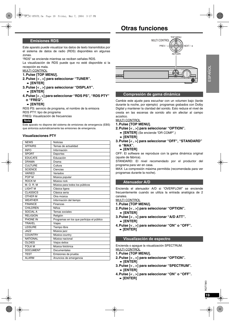 Otras funciones, Emisiones rds | Panasonic SCHT05 User Manual | Page 19 / 28