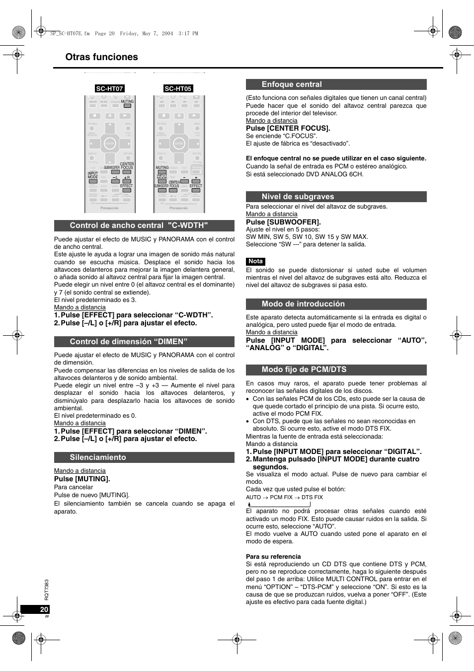 Otras funciones, Pulse [muting, Pulse [center focus | Pulse [subwoofer, Mando a distancia, Sc-ht07 sc-ht05 | Panasonic SCHT05 User Manual | Page 20 / 28