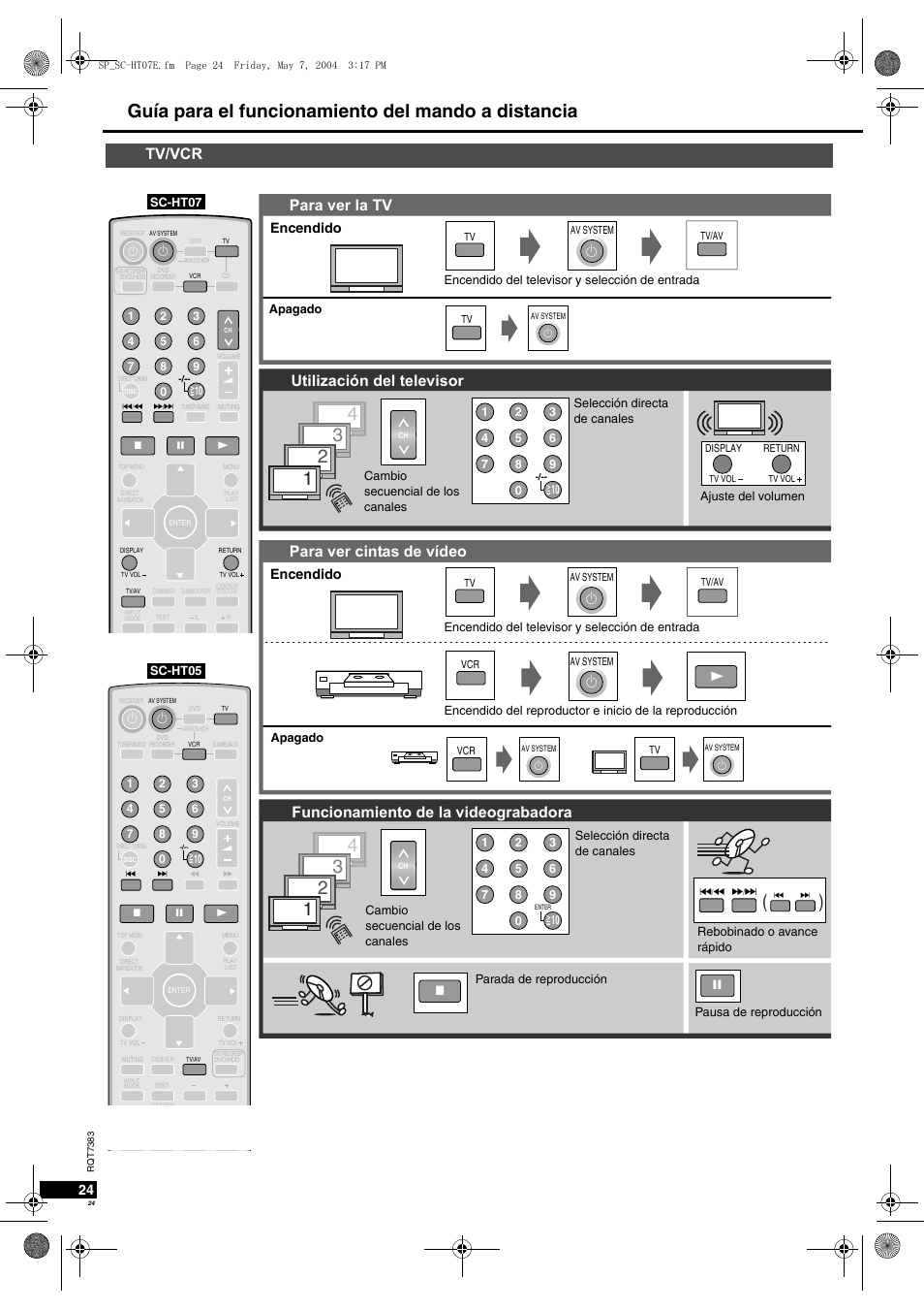 Guía para el funcionamiento del mando a distancia, Tv/vcr, Para ver la tv | Encendido | Panasonic SCHT05 User Manual | Page 24 / 28