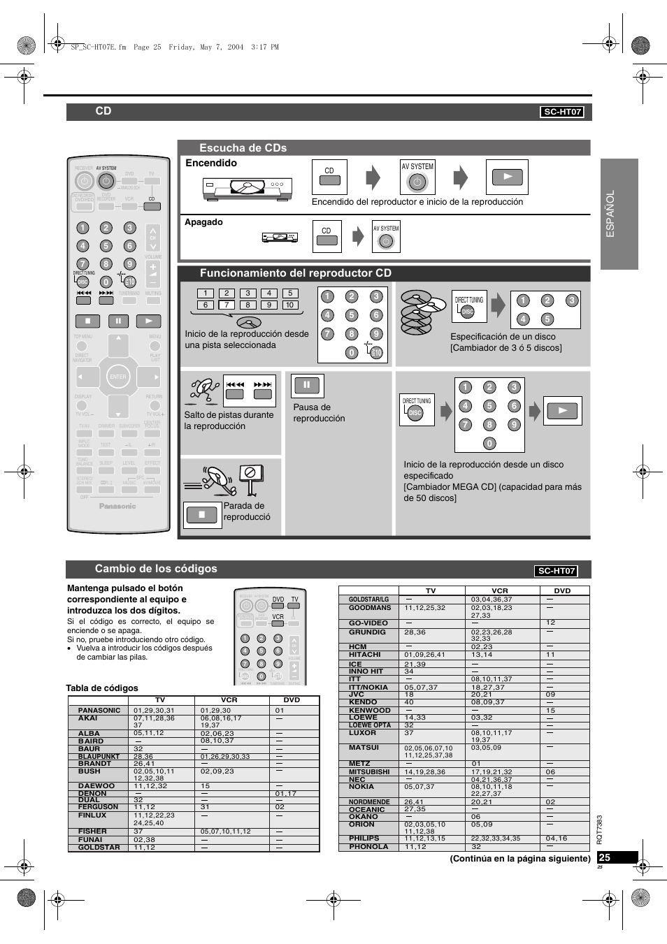 Escucha de cds, Funcionamiento del reproductor cd, Cambio de los códigos | Español, Encendido | Panasonic SCHT05 User Manual | Page 25 / 28