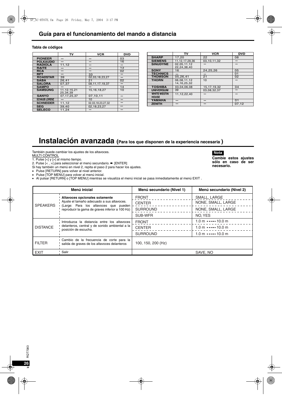 Instalación avanzada, Guía para el funcionamiento del mando a distancia, Para los que disponen de la experiencia necesaria | Panasonic SCHT05 User Manual | Page 26 / 28