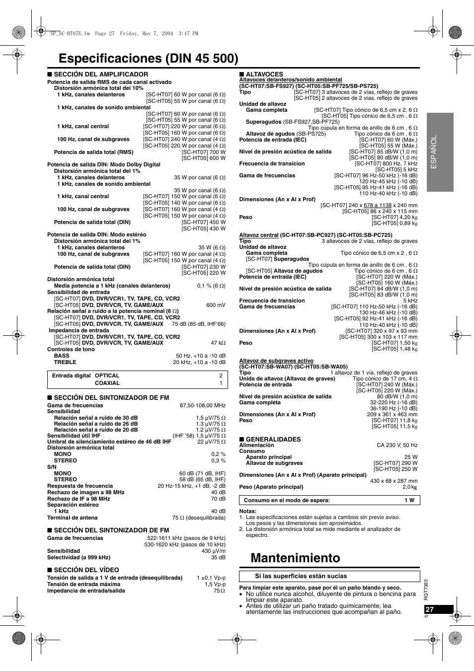 Mantenimiento | Panasonic SCHT05 User Manual | Page 27 / 28