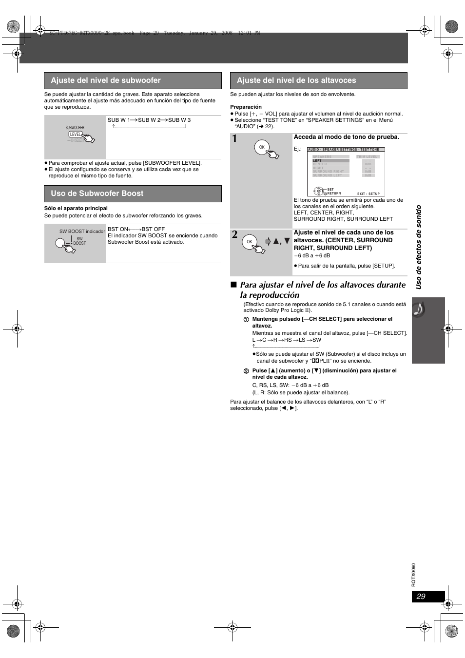 Ajuste del nivel de subwoofer, Uso de subwoofer boost, Ajuste del nivel de los altavoces | Panasonic SCPT467 User Manual | Page 29 / 44