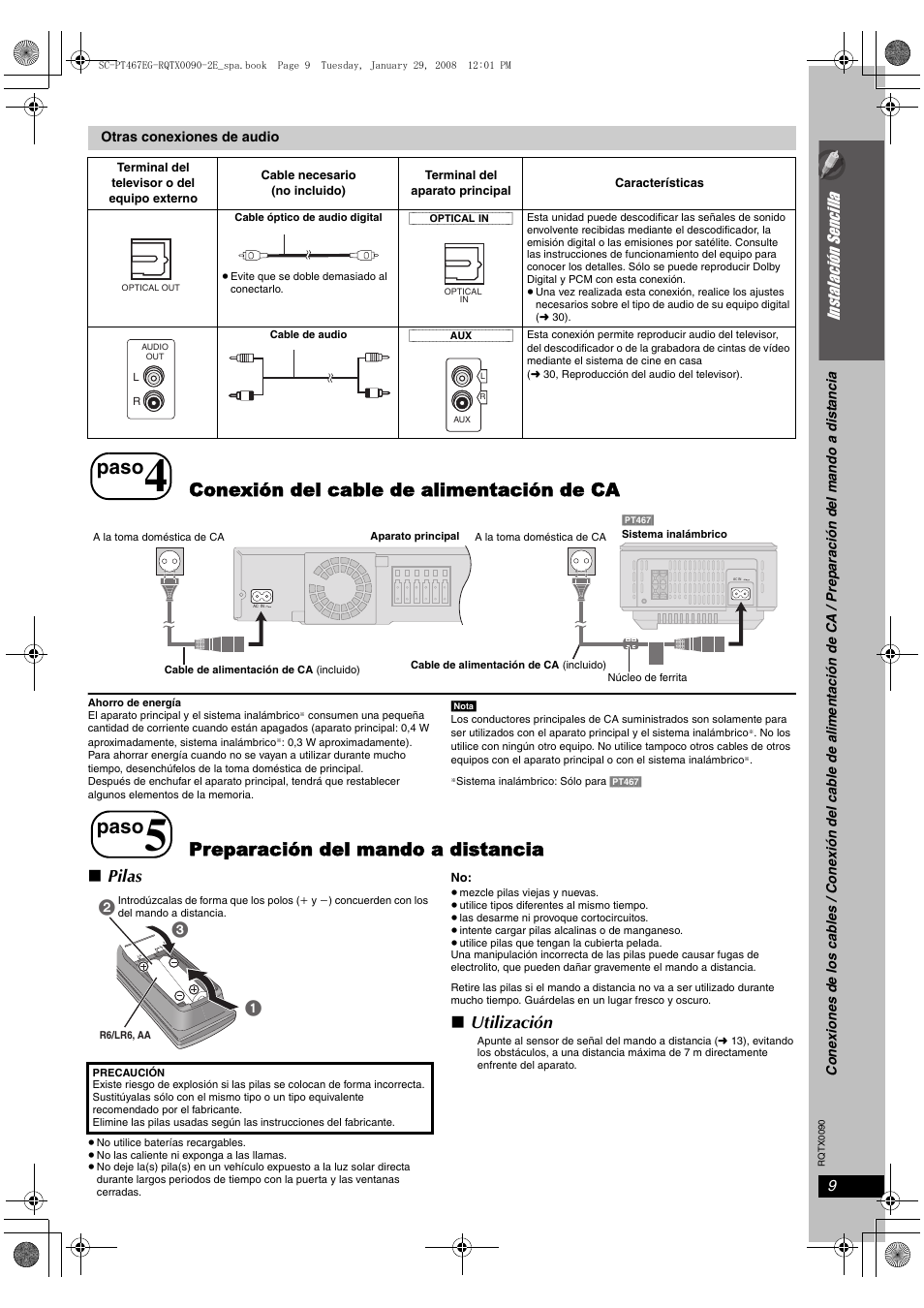 Paso, Conexión del cable de alimentación de ca, Preparación del mando a distancia | Pilas, Utilización, Instalació n sencilla | Panasonic SCPT467 User Manual | Page 9 / 44