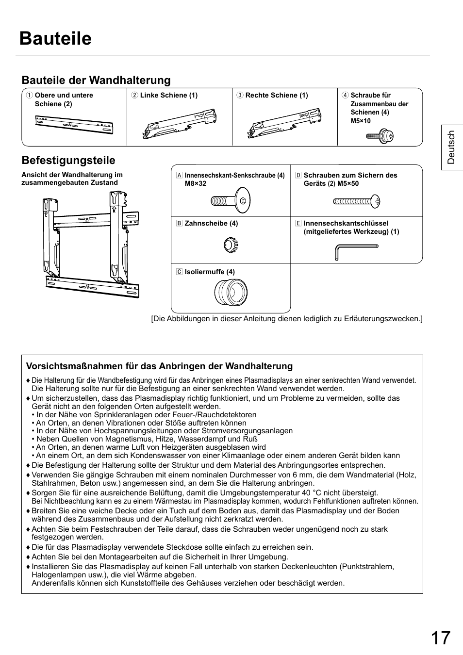 Bauteile, Bauteile der wandhalterung, Befestigungsteile | Panasonic TYWK42PR20 User Manual | Page 17 / 72