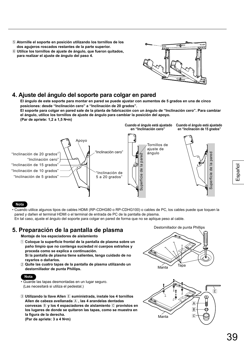Ajuste del ángulo del soporte para colgar en pared, Preparación de la pantalla de plasma, Español | Panasonic TYWK42PR20 User Manual | Page 39 / 72