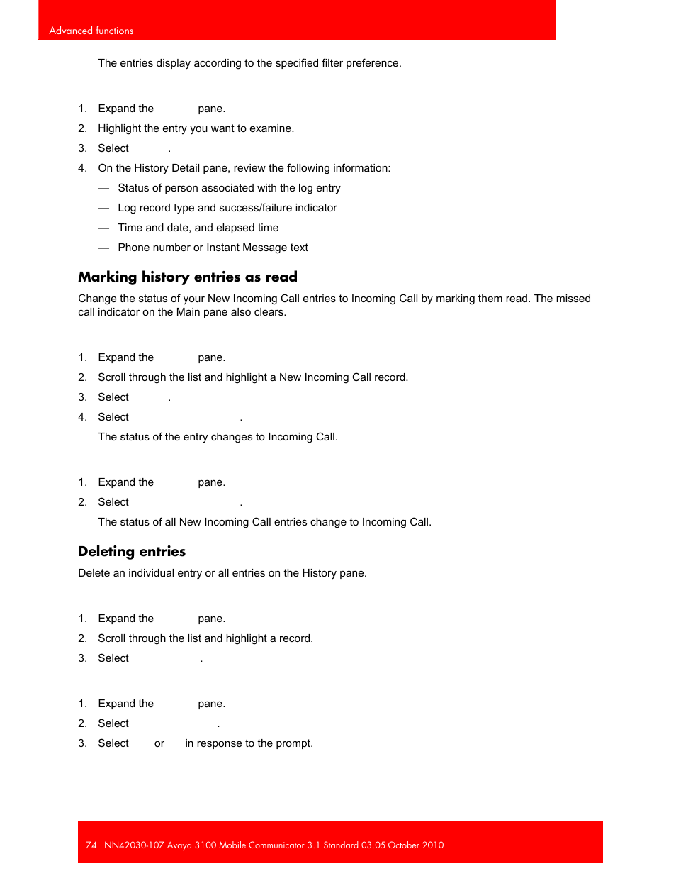 Marking history entries as read, Deleting entries, Marking history entries as read deleting entries | Avaya 3100 User Manual | Page 74 / 84