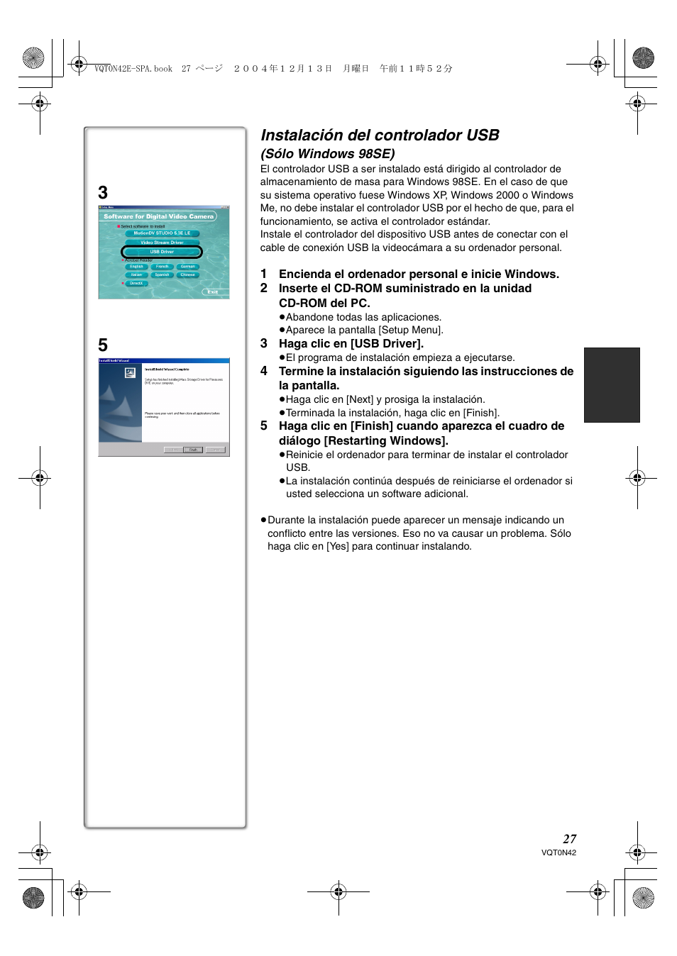 Instalación del controlador usb | Panasonic NVGS150 User Manual | Page 10 / 16