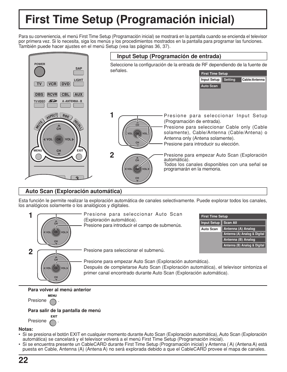 First time setup (programación inicial) | Panasonic TH42PX25UP User Manual | Page 22 / 68