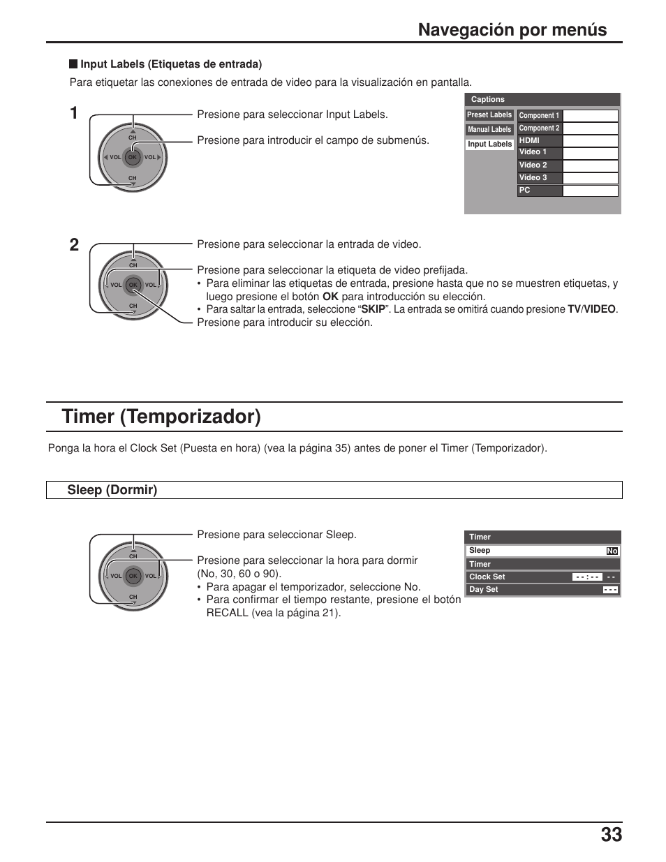 Timer (temporizador), Navegación por menús, Sleep (dormir) | Panasonic TH42PX25UP User Manual | Page 33 / 68