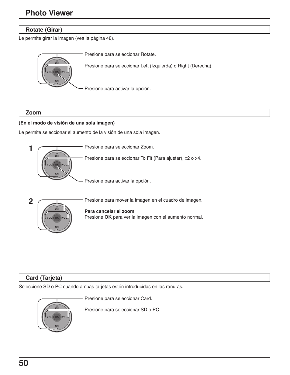 Photo viewer, Rotate (girar) zoom card (tarjeta) | Panasonic TH42PX25UP User Manual | Page 50 / 68