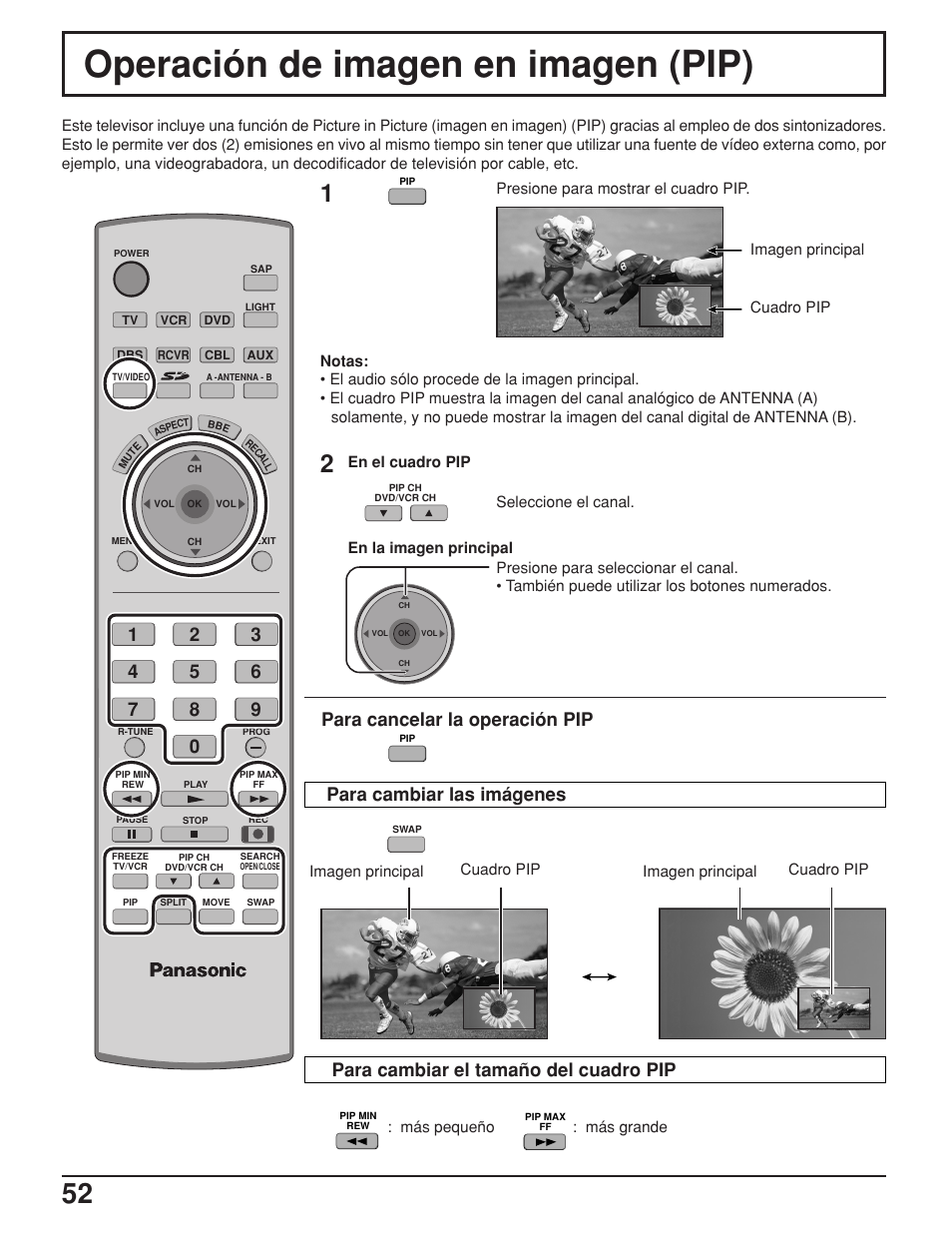 Operación de imagen en imagen (pip), Para cancelar la operación pip | Panasonic TH42PX25UP User Manual | Page 52 / 68