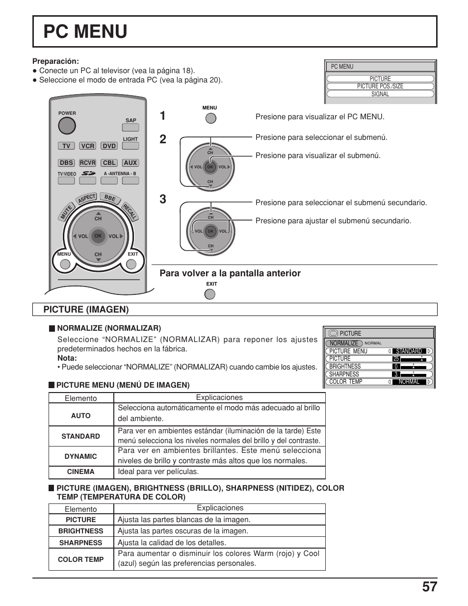 Pc menu, Para volver a la pantalla anterior, Picture (imagen) | Panasonic TH42PX25UP User Manual | Page 57 / 68