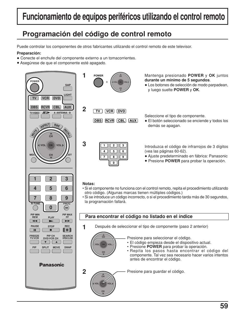 Programación del código de control remoto, Para encontrar el código no listado en el índice | Panasonic TH42PX25UP User Manual | Page 59 / 68