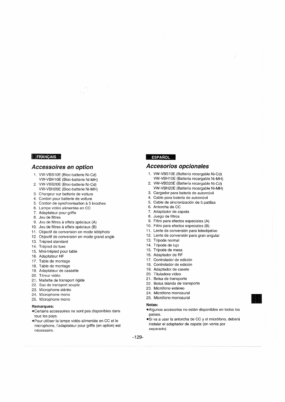 Accessoires en option, Accesorios opcionales | Panasonic NVS90E User Manual | Page 129 / 132