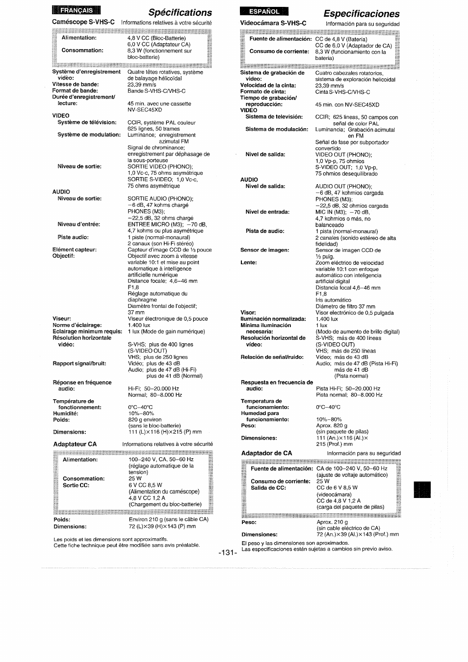 Videocámara s-vhs-c, Especificaciones, Adaptateur ca | Adaptador de ca, Spécifications, Caméscope s-vhs-c | Panasonic NVS90E User Manual | Page 131 / 132