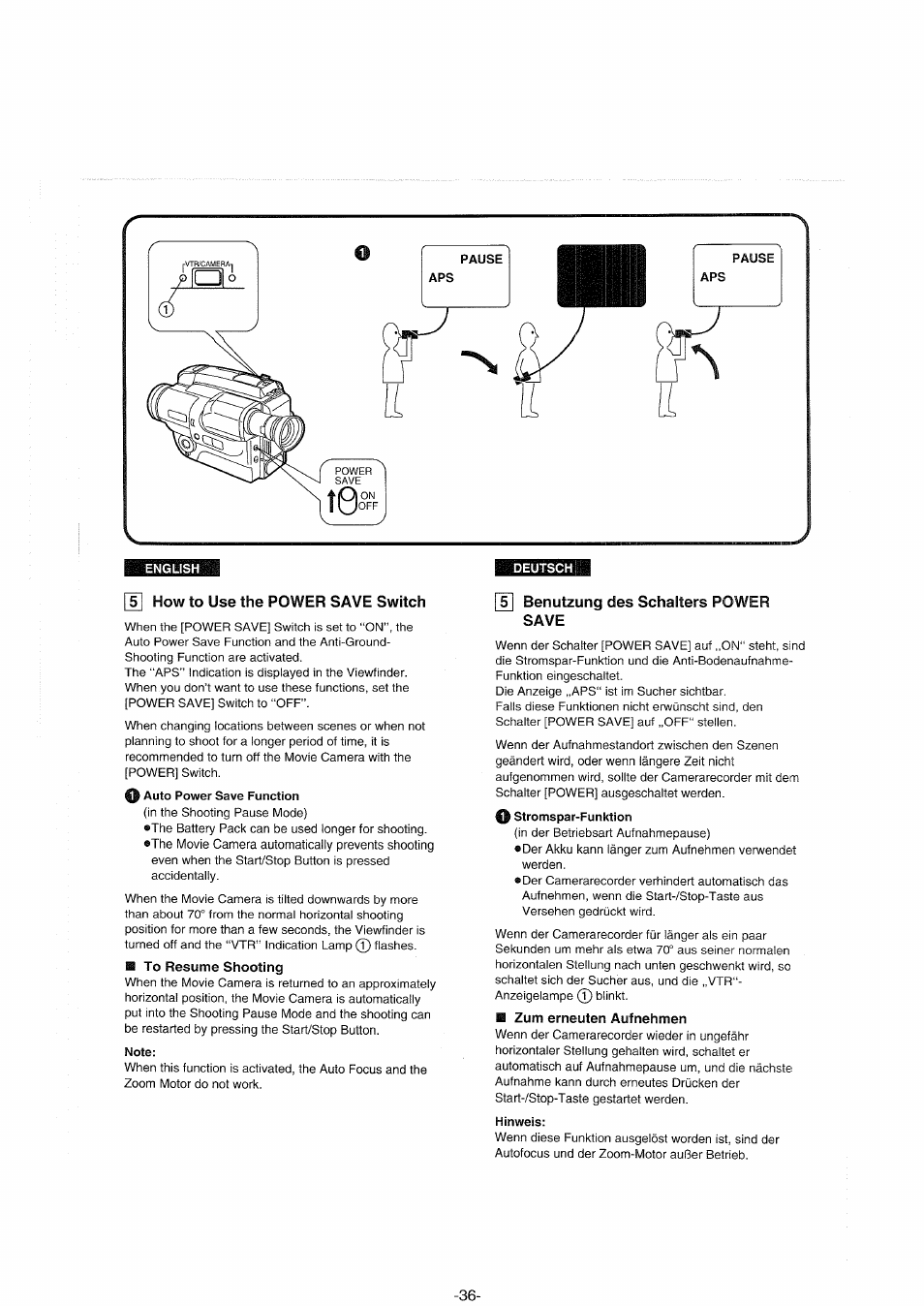 Deutsch, 5] how to use the power save switch, Note | J5| benutzung des schalters power save, Zum erneuten aufnehmen, Hinweis, Benutzung des schalters power save | Panasonic NVS90E User Manual | Page 36 / 132
