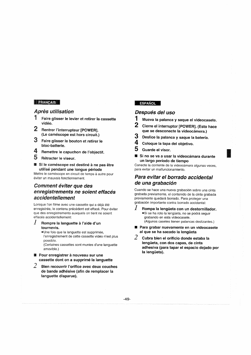 Después dei uso, Para evitar el borrado accidental de una grabación, Después del uso | Panasonic NVS90E User Manual | Page 49 / 132