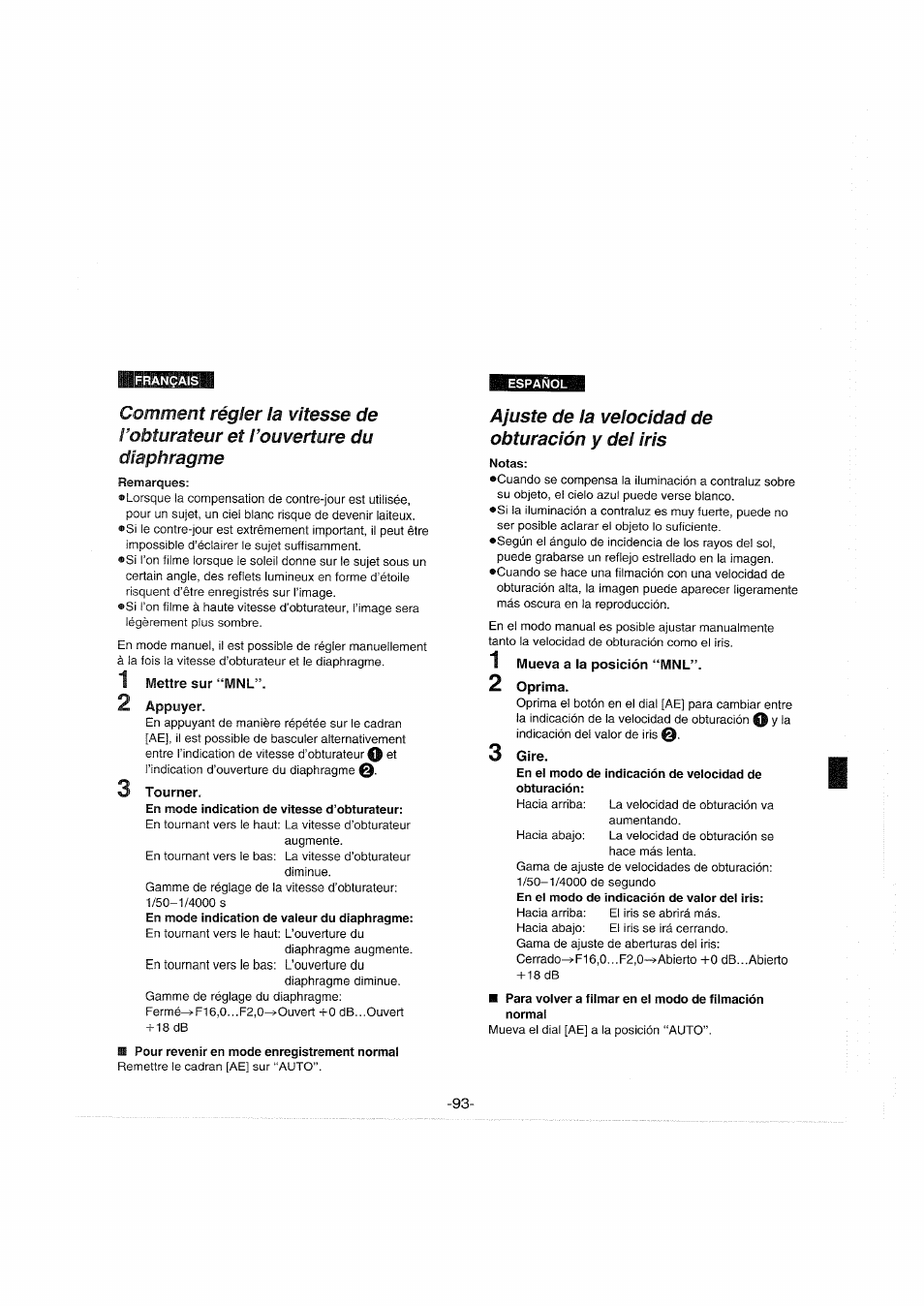 1 mettre sur “mnl, 2 appuyer, 3 tourner | Ajuste de la velocidad de obturación y dei iris, Notas, 1 mueva a la posición “mnl, 2 oprima, 3 gire, Ajuste de la velocidad de obturación y del iris | Panasonic NVS90E User Manual | Page 93 / 132