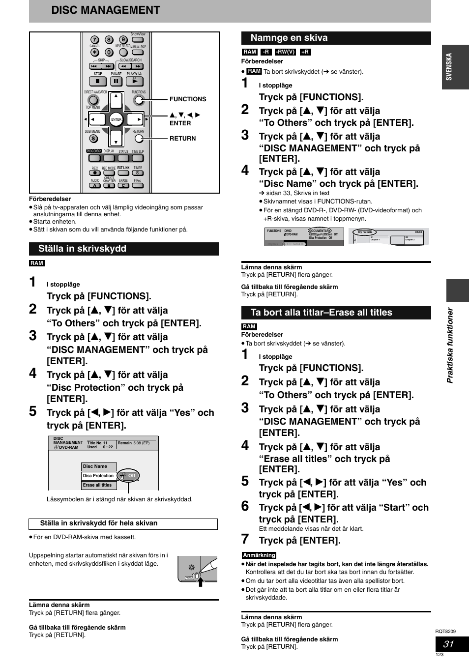 Disc management, Tryck på [functions, Tryck på [enter | Ställa in skrivskydd | Panasonic DMRES20 User Manual | Page 123 / 156