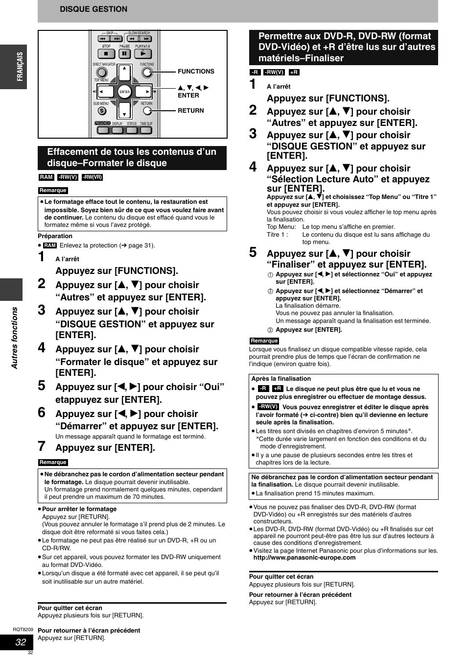 Appuyez sur [functions, Appuyez sur [enter | Panasonic DMRES20 User Manual | Page 32 / 156