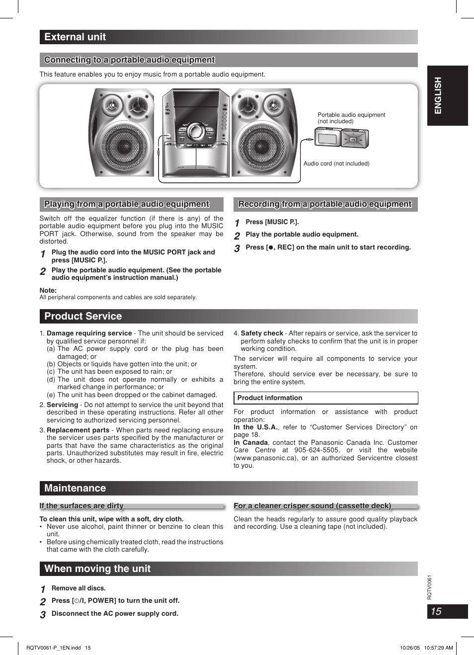 External unit, Product service, Maintenance | When moving the unit 1 | Panasonic SCAK240 User Manual | Page 15 / 28
