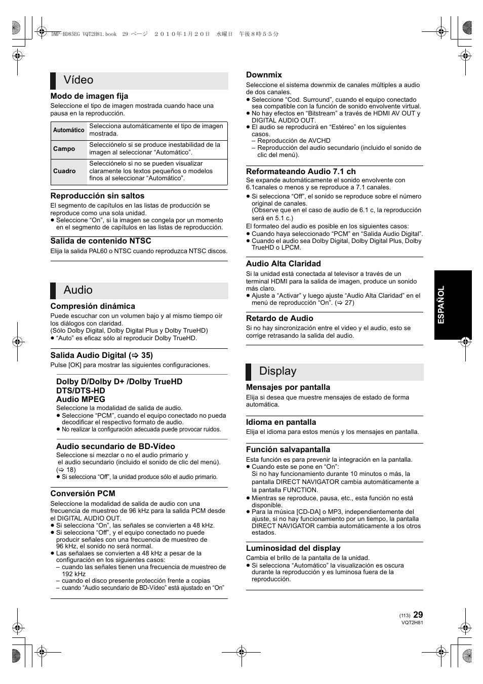 Vídeo, Audio, Display | Panasonic DMPBD85 User Manual | Page 113 / 228