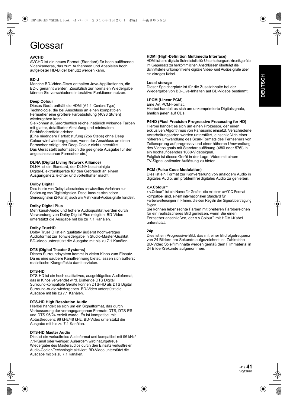 Glossar | Panasonic DMPBD85 User Manual | Page 41 / 228